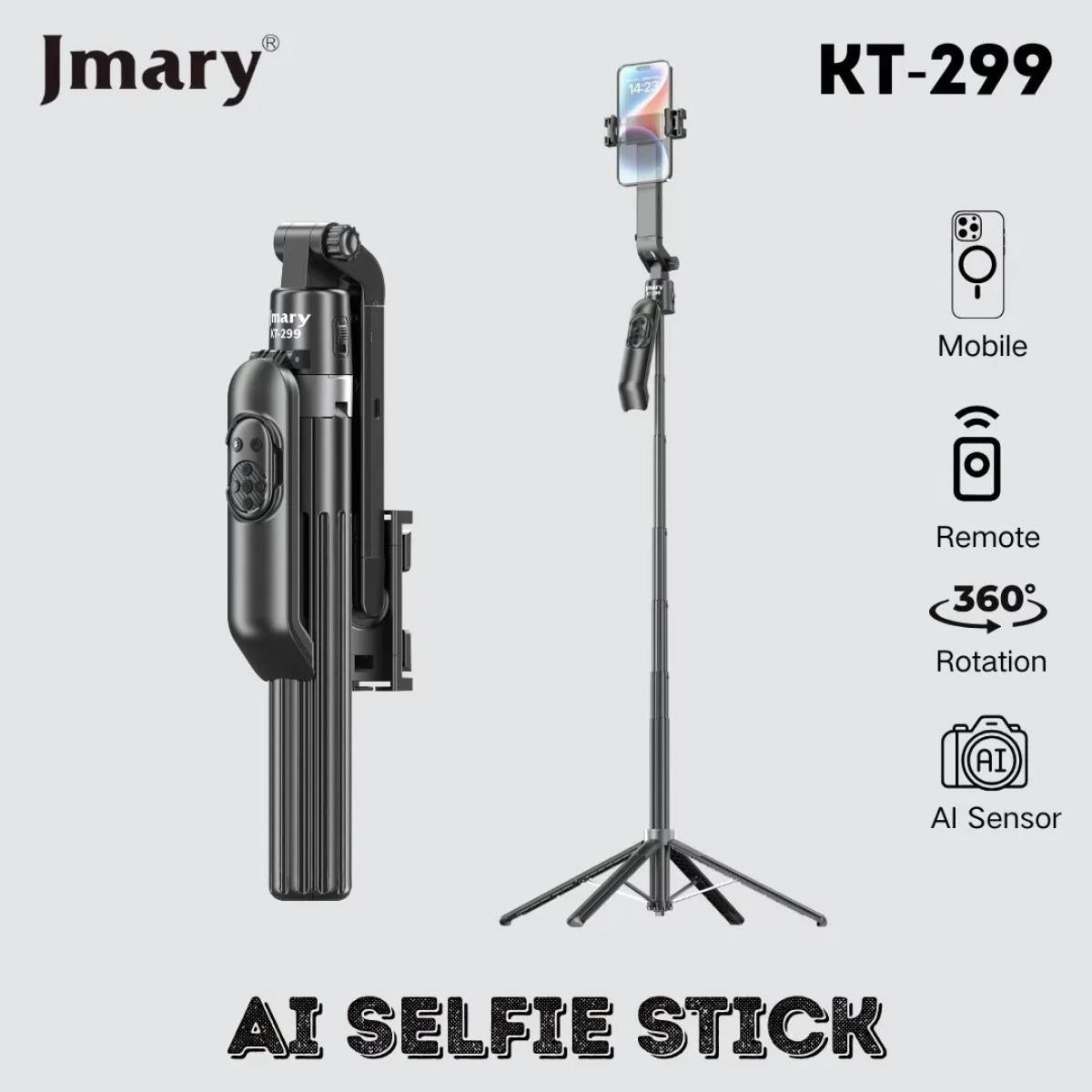 Jmary Kt 299 Rotation Smart Tripods Al Face Sensor Selfie Stick Tripod Upto 1.8 Meter Long 360° Horizontal Black Jmary Kt 299 Rotation Smart Tripods Al Face Sensor Selfie Stick Tripod Upto 1.8 Meter Long 360° Horizontal Black