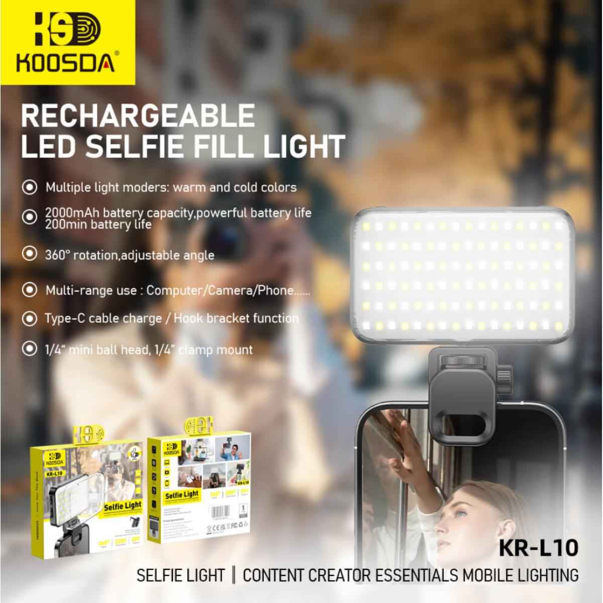 KOOSDA KR - L10 Selfie Light Portable USB Rechargeable Integrated 2000mAh Battery 3 Modes Adjustable Brightness Clip - on fill Pocket Light