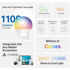 Tp Link Tapo L535e Smart Light Bulbs, 1100 Lumens High Brightness(75w Equivalent), Matter Certified, 16m Colors Rgbw Led Bulb, Dimmable, Cri>90, Voice Control W/siri, Alexa & Google Home