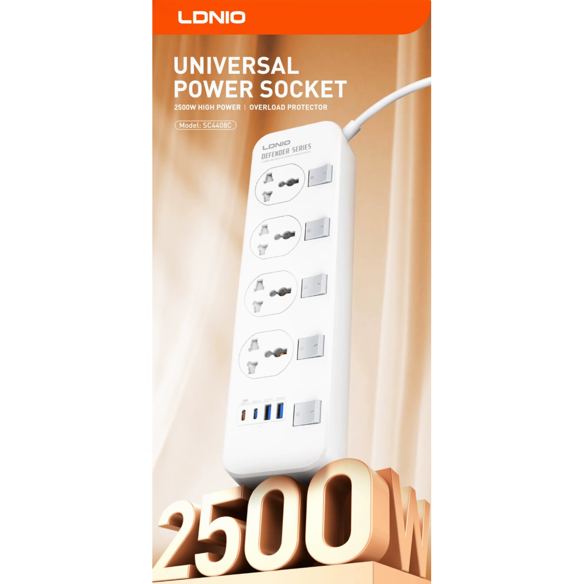 LDNIO SC4408C Overload Protector Electric Extension Socket Universal Plug Type Power Strip with 4 USB Ports Socket - White