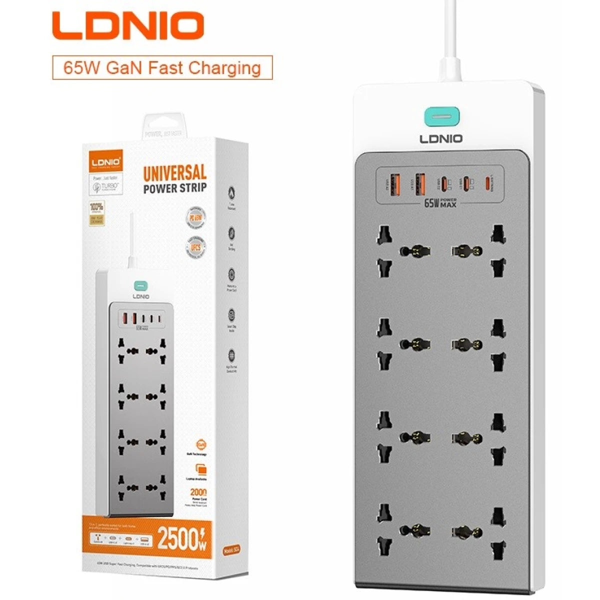 LDNIO SC4 13-in-1 65W PD GaN Power Strip Multi Port Charging Station AC Outlet Safety Desktop Power Strip Universal Extension Socket, Cable: 2-meter