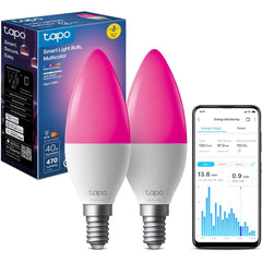 Tapo L430c (2 Pack) Smart Wifi Light Bulb E14, 470 Lumens, 16 Million Colours, Dimmable, Schedule & Timer, Energy Monitoring, Compatible With Alexa, Google Assistant And Samsung Smartthings