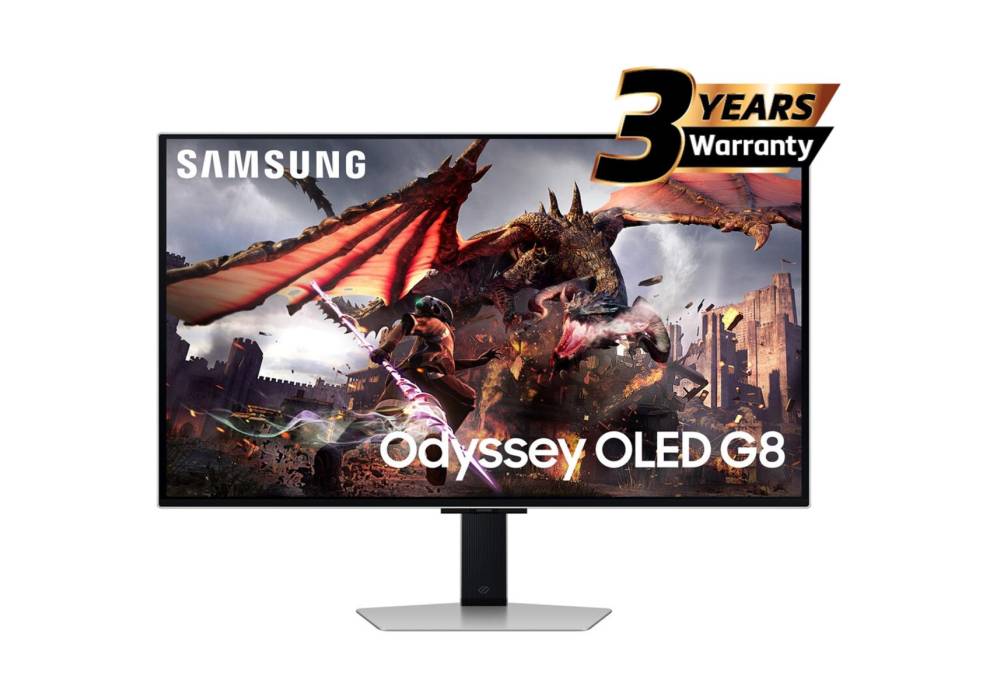 Samsung Odyssey OLED G8 Smart (DG802) 32" Flat Monitor 4K (3840 x 2160) 240Hz, 0.03ms(GTG), QD-OLED, HDR10+, 99% DCI Coverage, HDMI 2.1, Core Sync, G-Sync compatibility w/ Sleek Metal Design, Ergonomic Stand & Speaker