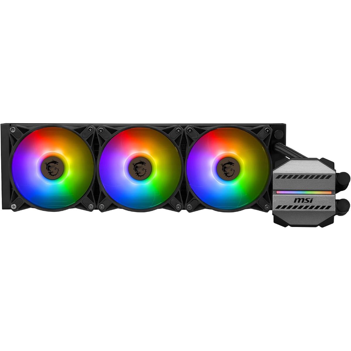 MSI MAG CORELIQUID M360 AIO Liquid Cooler, 360mm Radiator, 78.73 CFM, 2000 RPM Fan Speed, 3 x ARGB 120mm Fans, Two Ball Bearing, Elevated Cooper Plate, Reinforced Tubing, Black