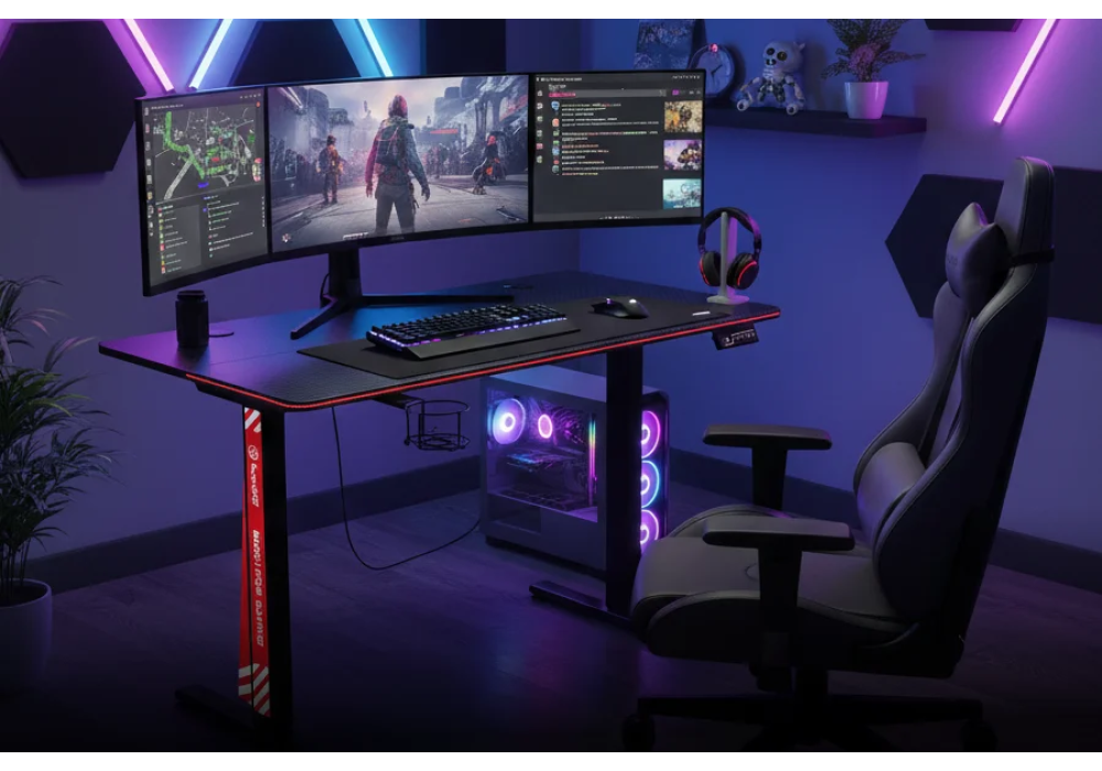 MARVO DE‑10 Arena E60 – Height‑Adjustable RGB Gaming Desk, 120×60cm Carbon Fiber Surface, Steel Frame, Ergonomic Design, Home Office Computer Table