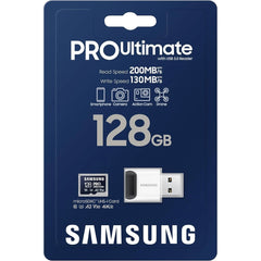 Samsung PRO Ultimate microSD Memory Card+Reader, 128GB microSDXC, Up to 200 MB/s, 4K UHD, UHS-I, Class 10, U3,V30, A2 for GoPRO Action Cam, DJI Drone, Gaming, Phones, Tablets
