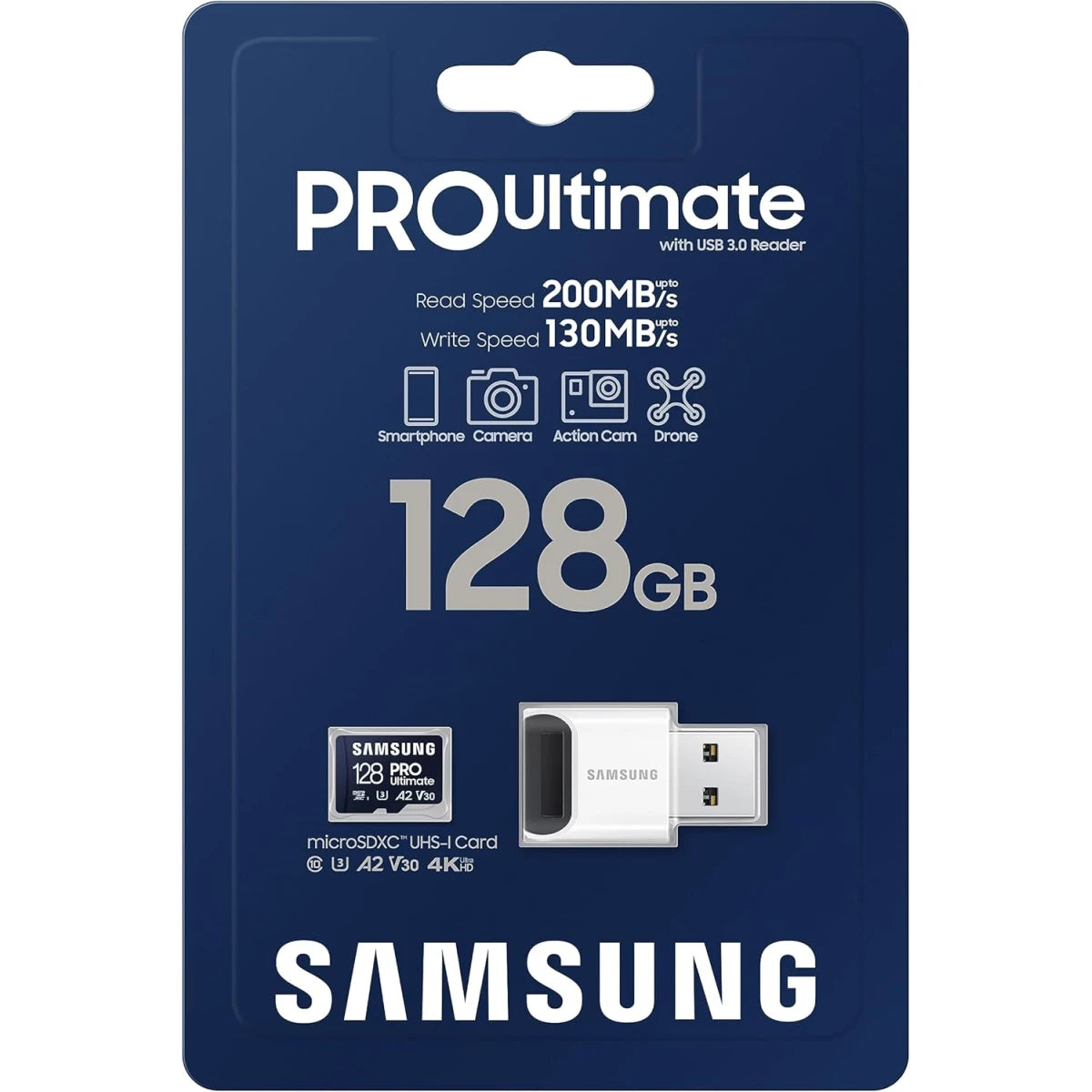 Samsung PRO Ultimate microSD Memory Card+Reader, 128GB microSDXC, Up to 200 MB/s, 4K UHD, UHS-I, Class 10, U3,V30, A2 for GoPRO Action Cam, DJI Drone, Gaming, Phones, Tablets