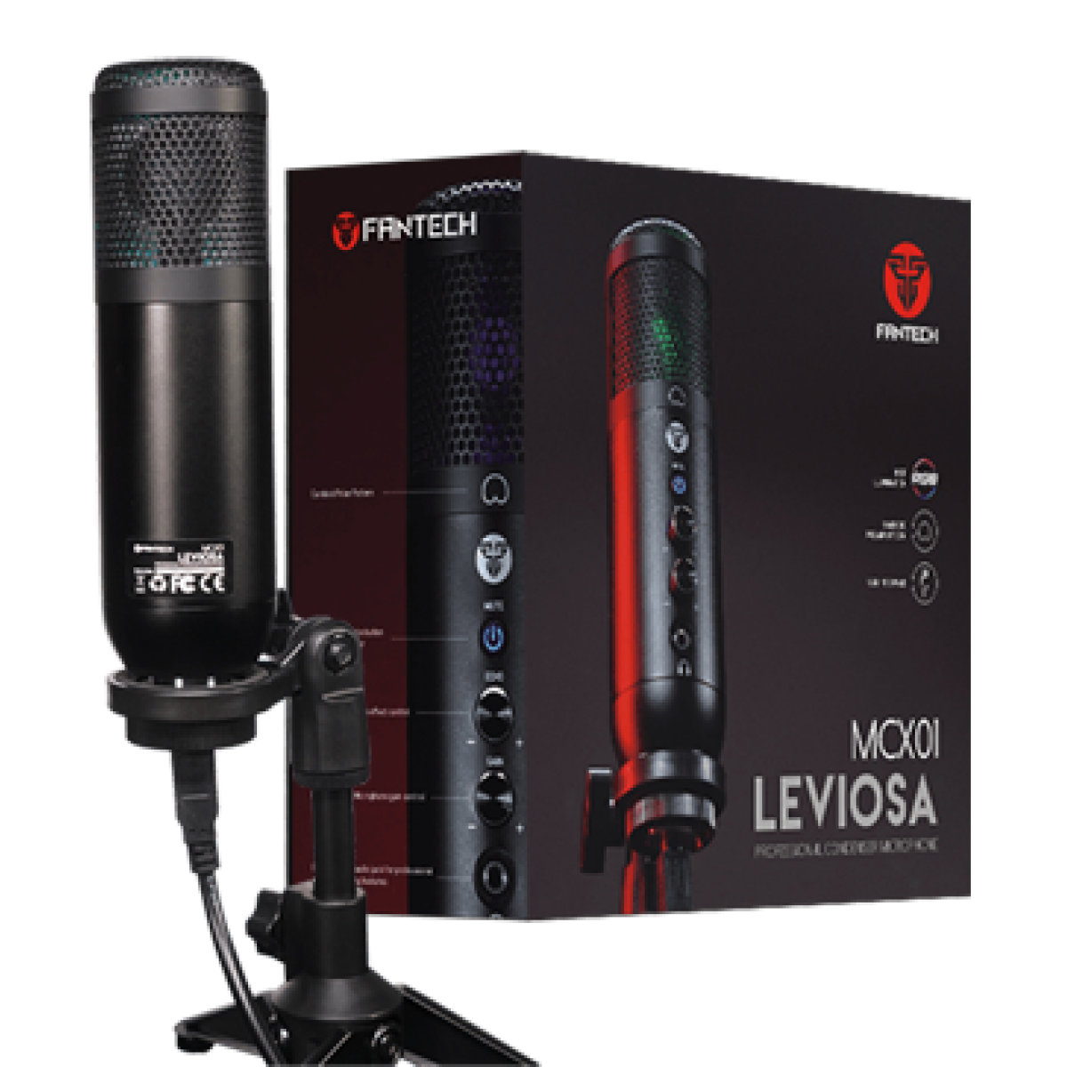 FANTECH LEVIOSA MCX01 Professional Condenser RGB STREAMING USB Microphone Cardioid Polar Pattern Easy Adjustable Tripod | LEVIOSA MCX01 | - CompuMe