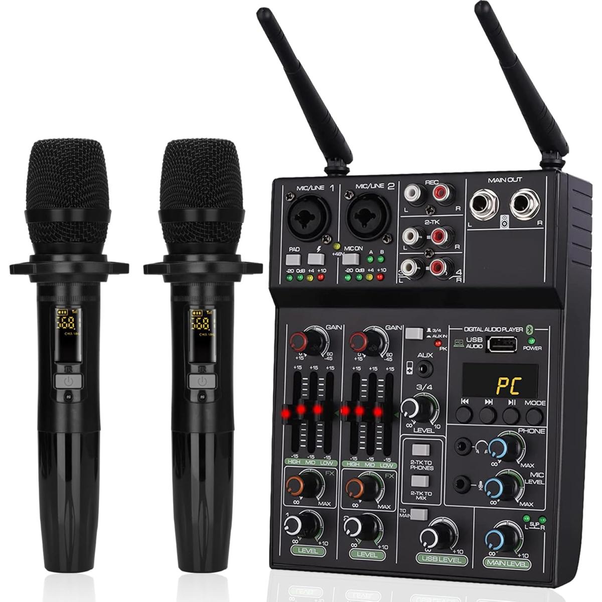 Professional K2 All-in-One 5 Channel Bluetooth Mixer with Two Mics 48V