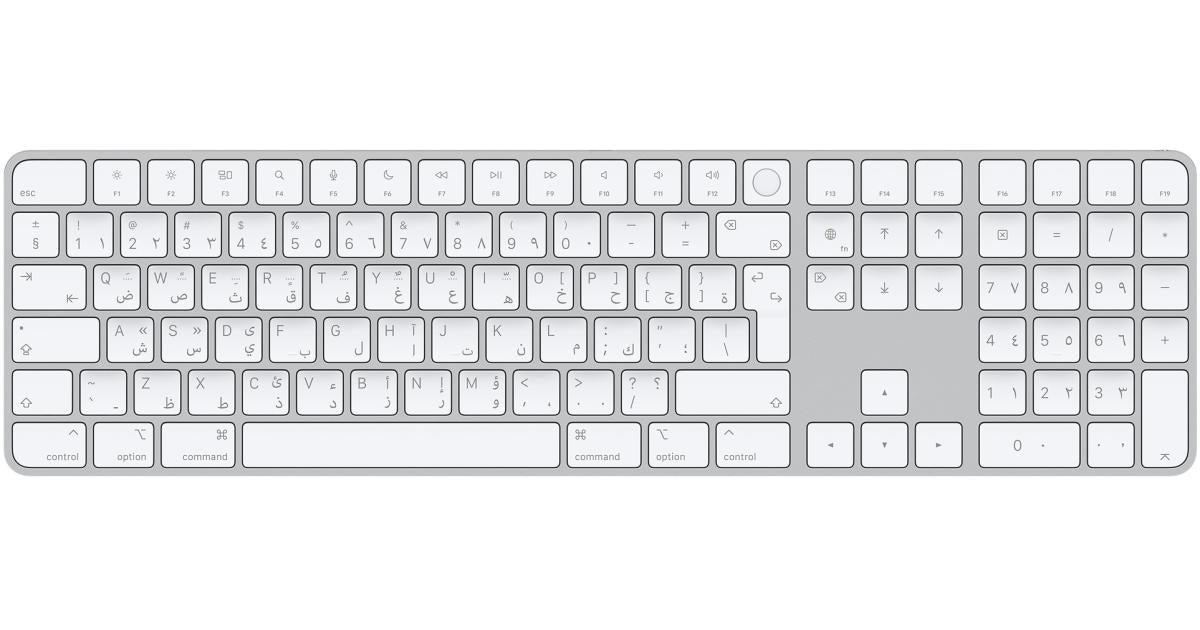 Apple Wireless Magic Keyboard With Touch ID & Numeric Keypad For Mac Models With Apple Silicon - Arabic, Slim Design, Bluetooth, Lightning Port (USB-C To Lightning) - Silver