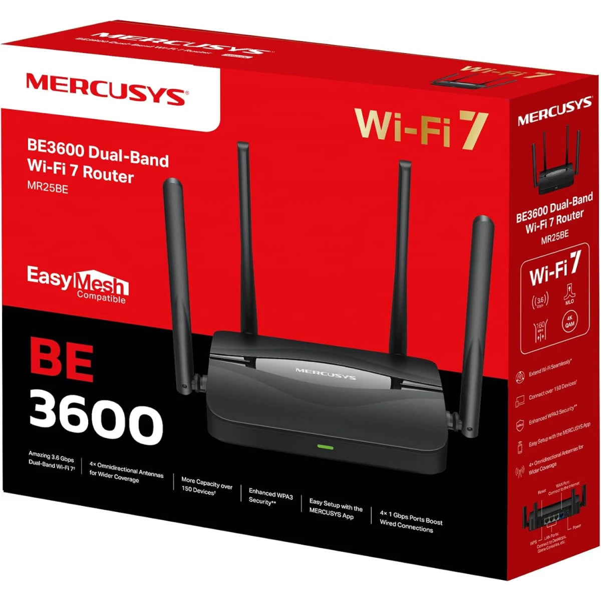Mercusys MR25BE Router Wi-Fi 7 BE3600Mbps Dual Band, 4 Gigabit Ports, 4 High Gain Antennas, 160MHz Channels, 4K-QAM, MLO, WPA3 Security, App Control - Black