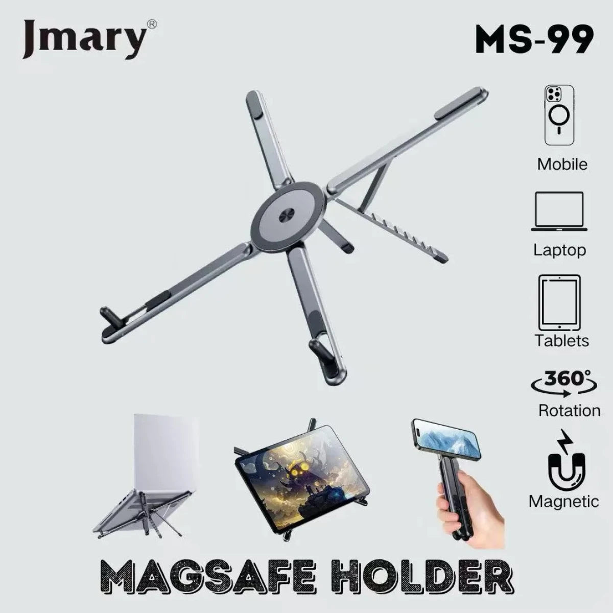 Jmary 3 in 1 Aluminum Magnetic Laptop, Tablets, Mobile Stand Adjustable - Space Gray