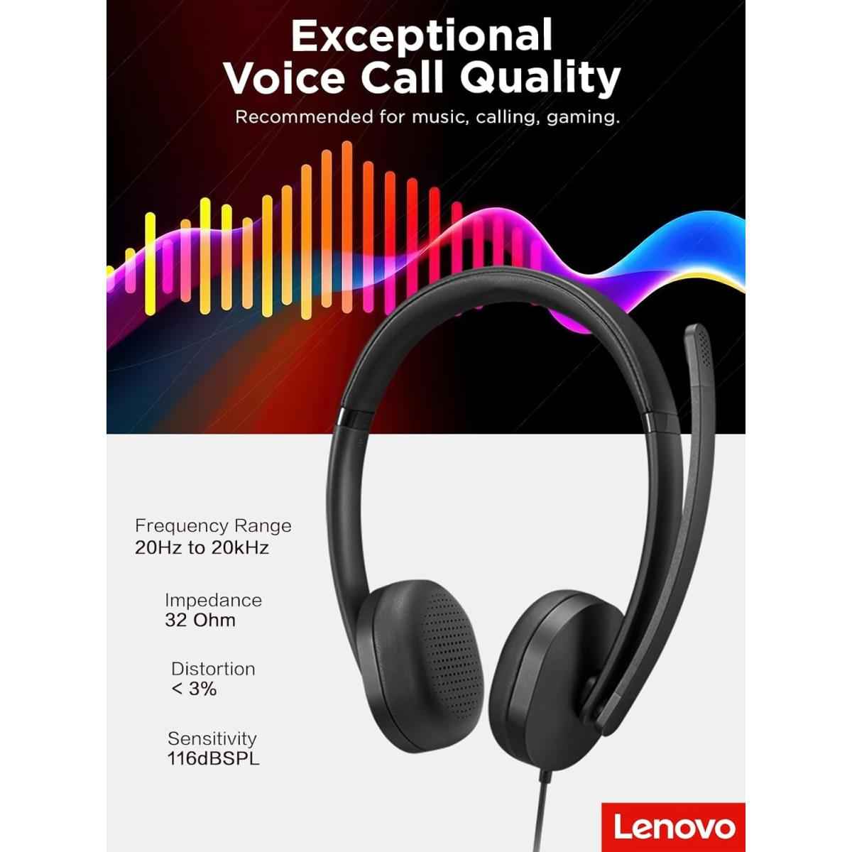 Lenovo Usb A Wired Stereo Headset For Pc/laptop, Ai Noise Canceling Via App, 140g Lightweight, Replaceable Earcups, Double Sided Boom Mic, In Line Controls With Mute For Call. Work With Teams/zoom