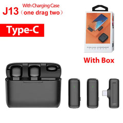 J13 WIRELESS DUAL LAVALIER MICROPHONES FOR USB TYPE-C ANDROID, PLUG & PLAY 2.4G LAPEL MIC WITH CHARGING CASE