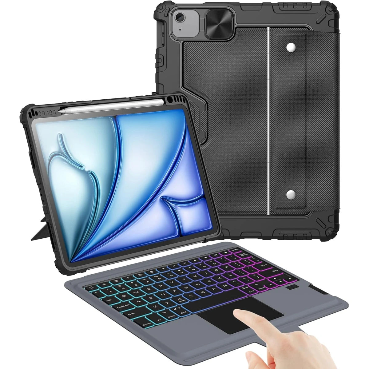 Nillkin iPad Air 11-inch (M3/M2) Case with Detachable Keyboard, iPad Air 11 (2025), Apple iPad Air 11 (2024), Apple iPad Air (2022), Rugged Keyboard Case, Backlit, Trackpad, Portrait/Landscape Modes Arabic / English - Black