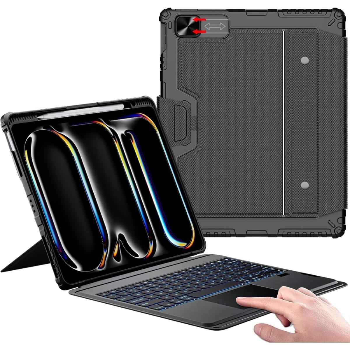 Nillkin For Ipad Pro 13 Inch Case With Keyboard M4 2024, Ipad Pro 13 Inch Case With Pencil Holder And Backlit Wireless Detachable Keyboard Arabic / English, Multi Touch Trackpad, Slide Camera Cover Black