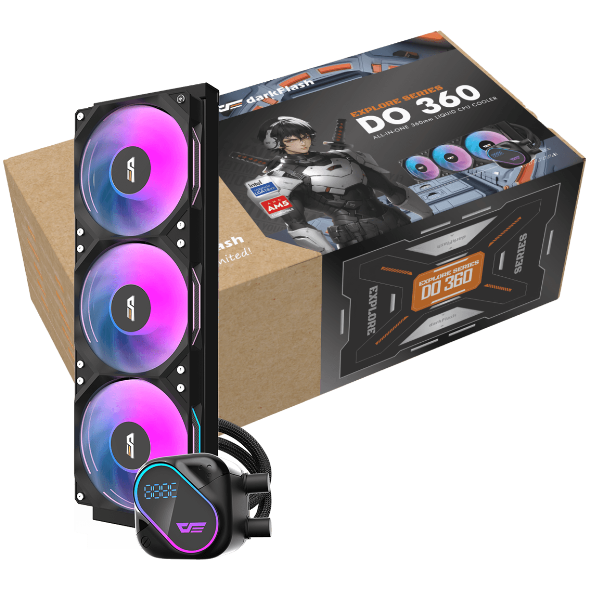 darkFlash DO360 All-in-one Liquid CPU Cooler, High-Performance Pump, ARGB Sync, Segment LCD Screen - Black