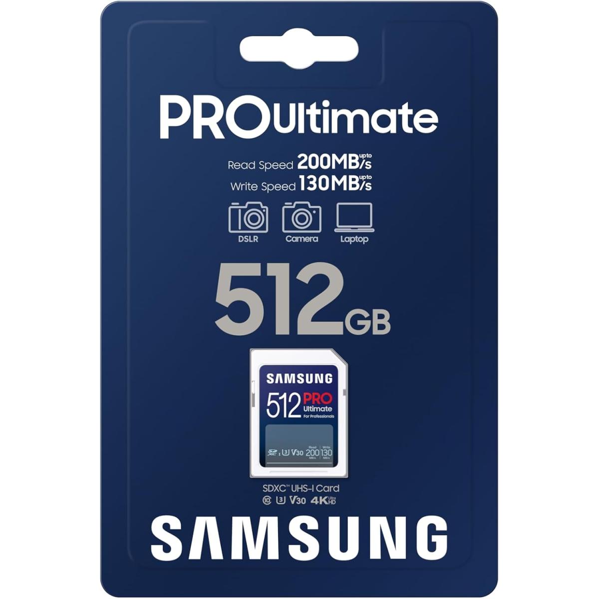 Samsung PRO Ultimate Full Size 512GB SDXC Memory Card, Up to 200 MB/s, 4K UHD, UHS-I, C10, U3, V30, A2, for DSLR, Mirrorless Cameras, PCs