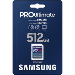 Samsung PRO Ultimate Full Size 512GB SDXC Memory Card, Up to 200 MB/s, 4K UHD, UHS-I, C10, U3, V30, A2, for DSLR, Mirrorless Cameras, PCs
