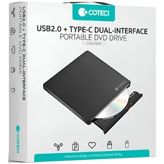 COTECi USB 2.0 + Type-C Dual Interface Mobile DVD Burning Optical Drive - Black