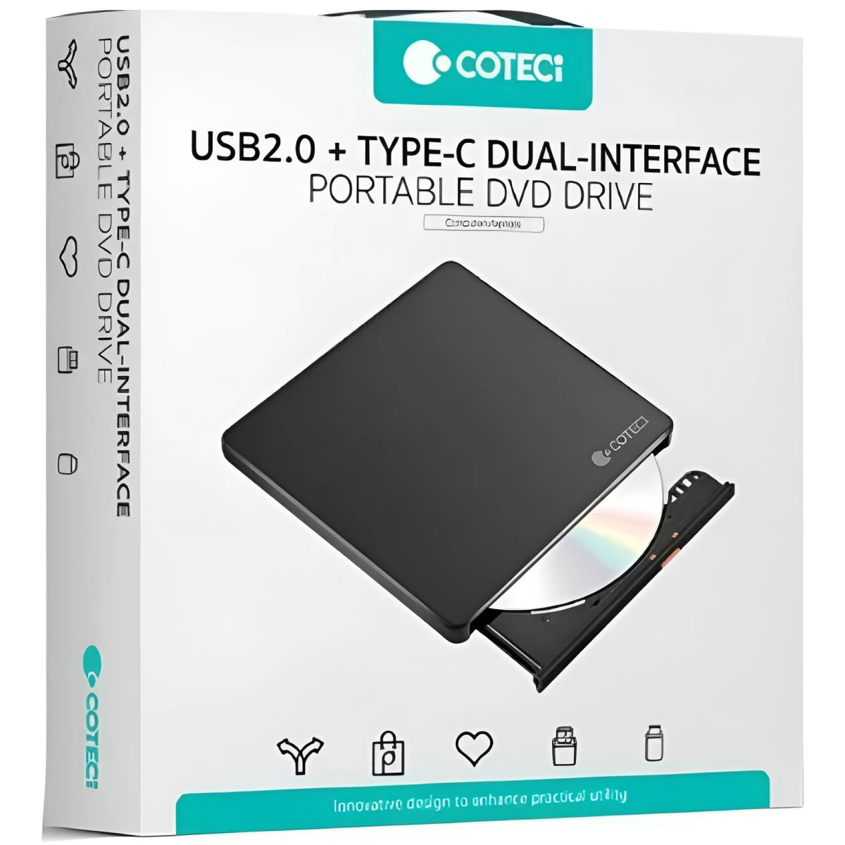 COTECi USB 2.0 + Type-C Dual Interface Mobile DVD Burning Optical Drive - Black