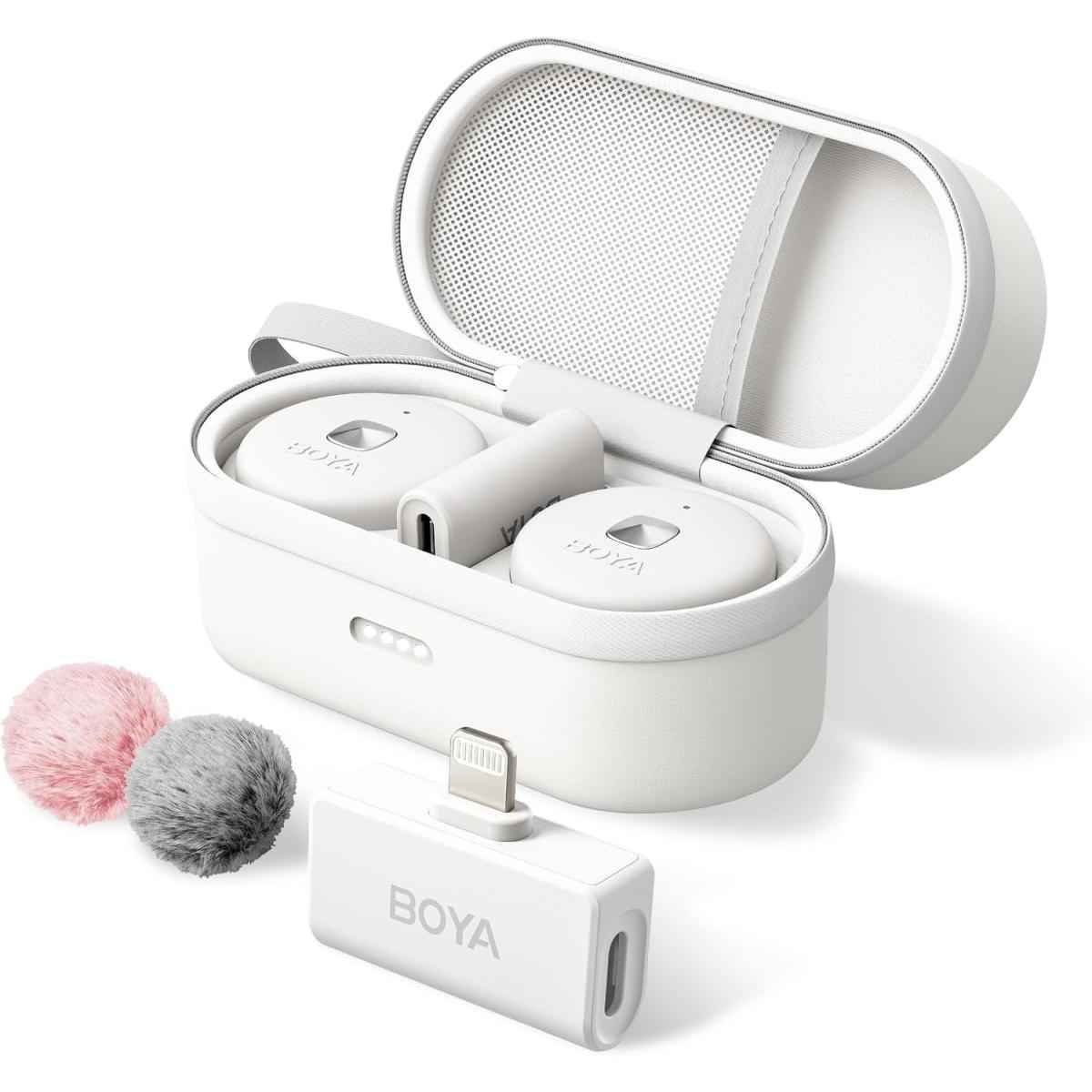 Boya Omic D Wireless Lavalier Microphone For Iphone Mfi Certified, Noise Cancelling Lapel Mic Wireless With Magnetic Clip Iphone Microphone For Video Recording Youtube Vlog White