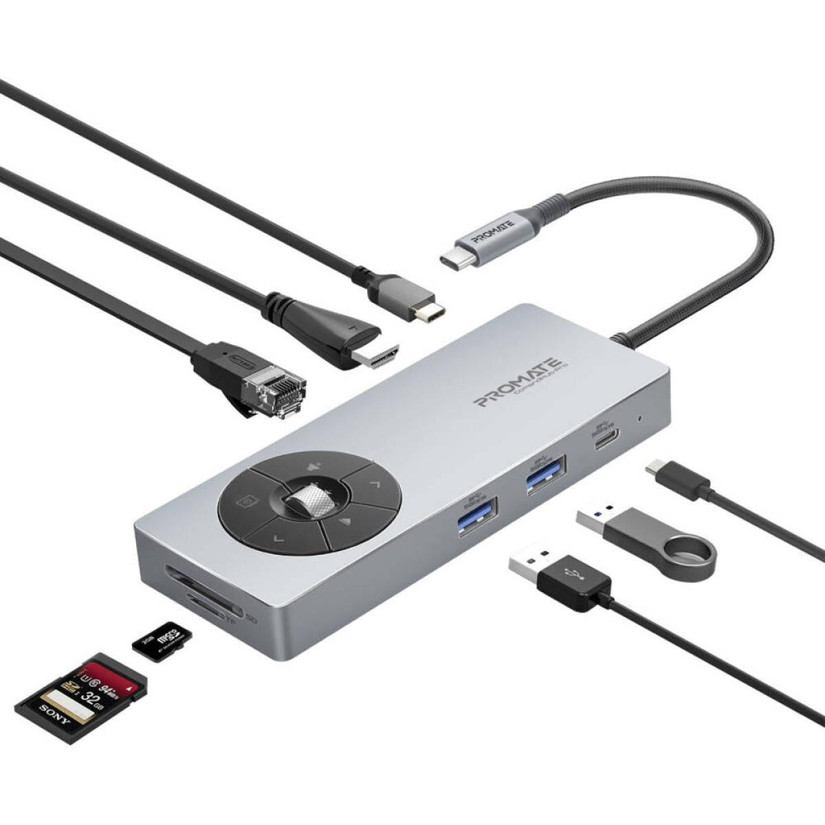 Promate Comandhub Pro 14 In 1 Highspeed Multiport Usb C Hub With 100w Pd Passthrough & Multimedia Controls, 4k @ 60hz Hdmi Support, 1gbps Ethernet Port, 50cm Braided Cable Length, Gray