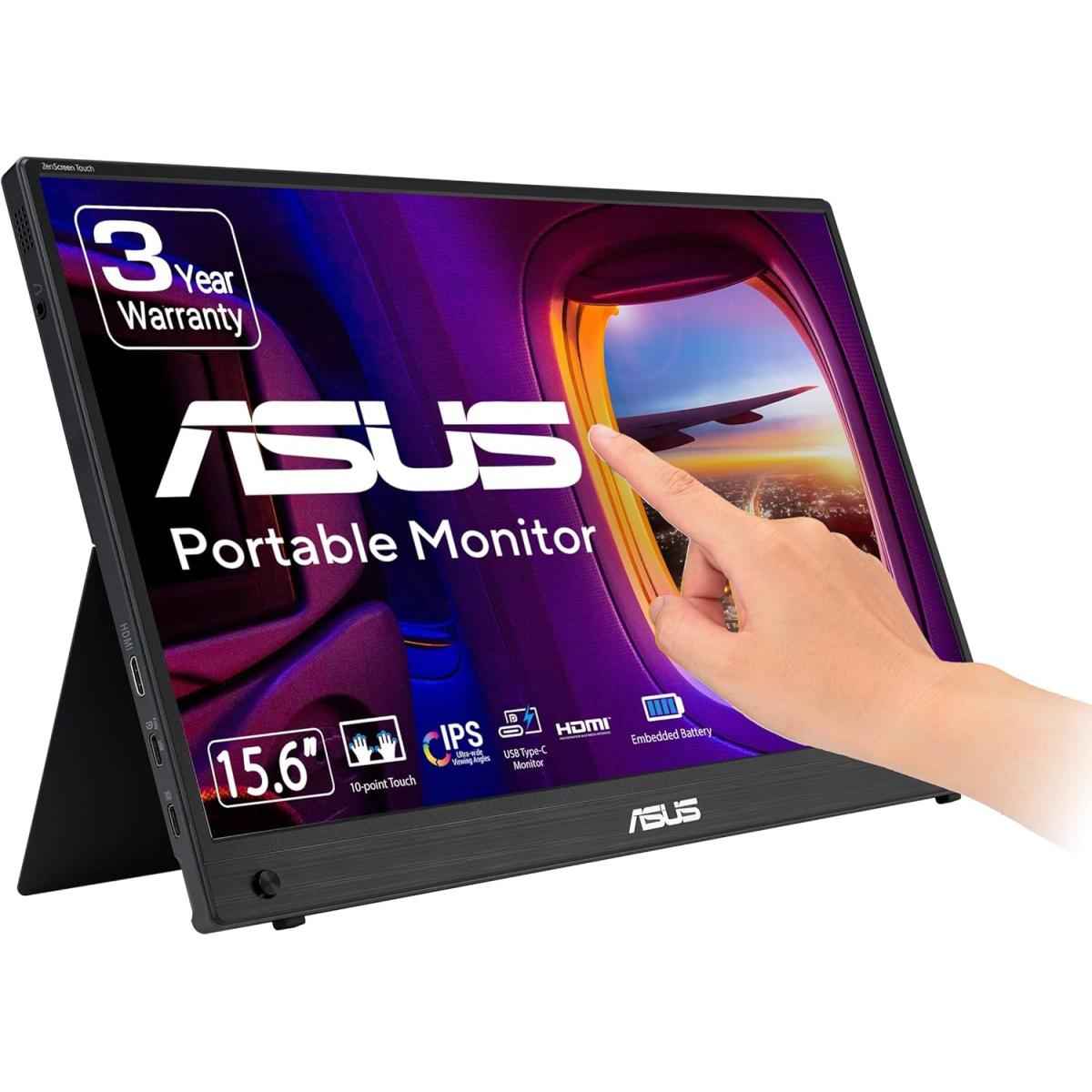 Asus Zenscreen Mb16aht 15.6" Touch Portable Monitor Full Hd Ips 10 Point Touch, Mini Hdmi, Ergo Kickstand, Tripod Socket, Asus Flicker Free & Low Blue Light Technologies, 262k Display Colors, Eye Care Technology, Black