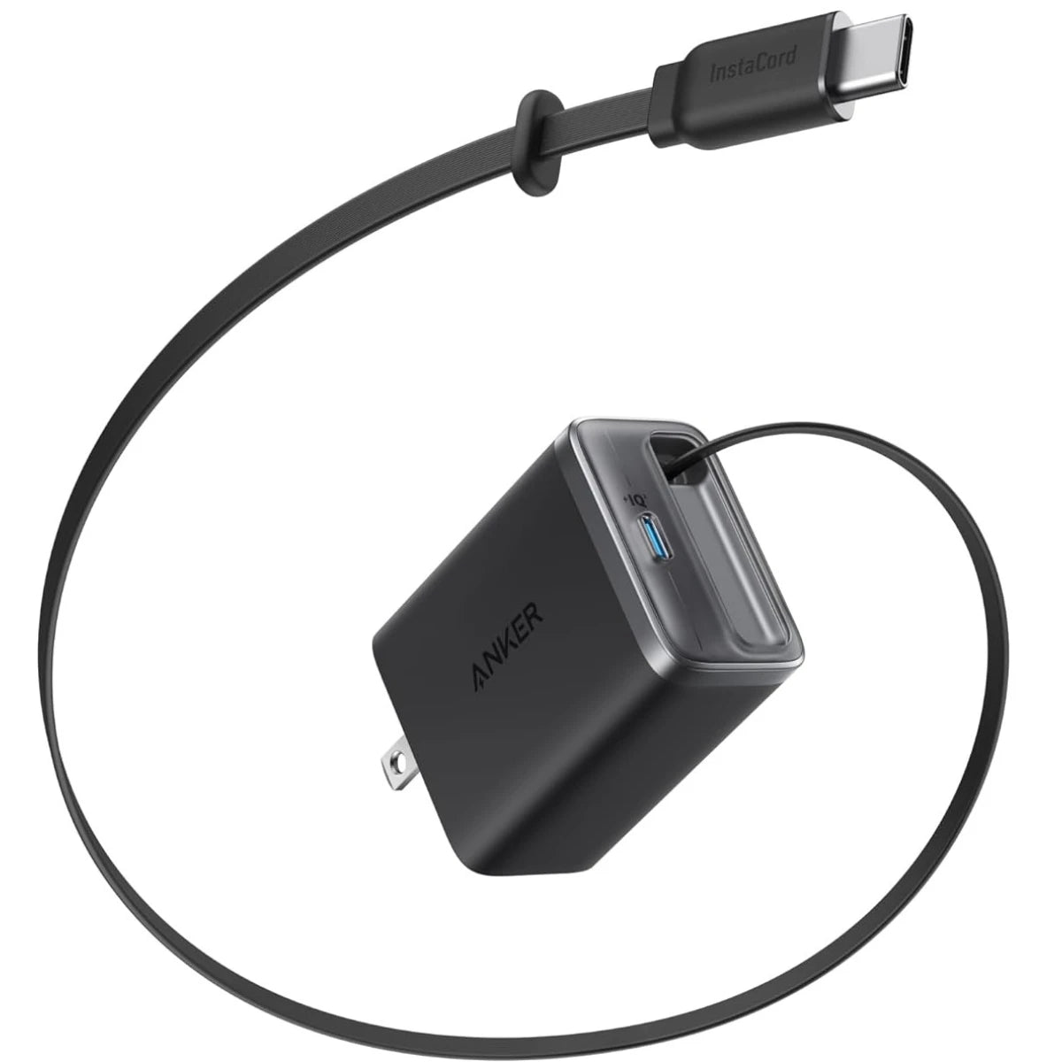 Anker Nano USB C Charger Block, 35W Max 2-Port Compa Charger with Durable Built-in Anker InstaCord Retractable Cable, with iPhone 17/16/15 Series, iPad, and More - Black