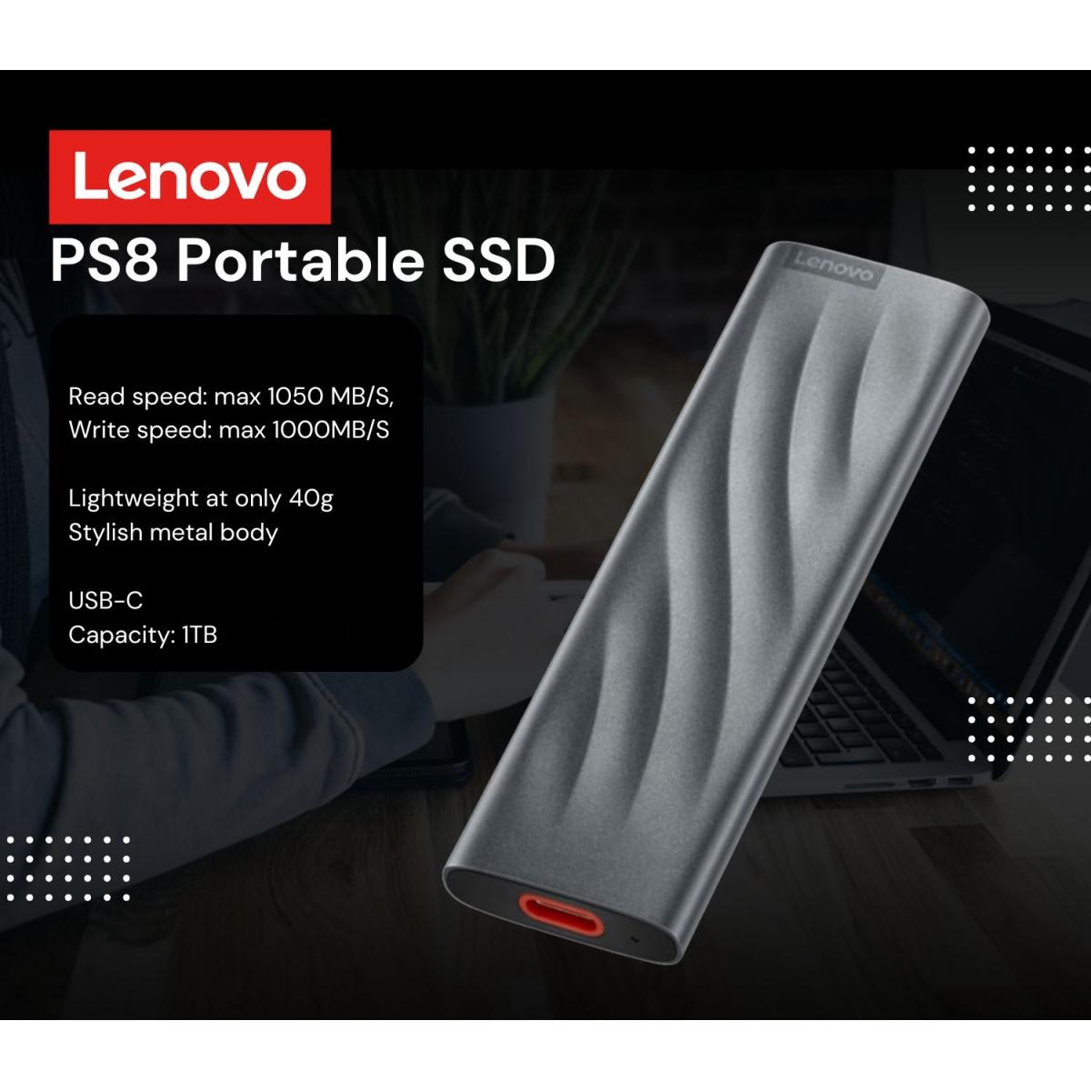 Lenovo PS8 1TB Portable SSD Fast Data up to 1050 MB/S Pocket-Sized External SSD Stylish Metal Body USB 3.2 Gen 2 , Grey