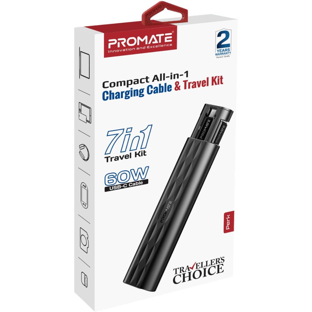 Promate Perk Compa All In 1 Charging Cable And Travel Kit, Supports A Usb C Cable, 20v/3a, Versatile Card Slots, 60w Fast Charge, Black - CompuMe