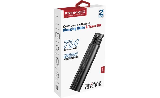 Promate Perk Compa All In 1 Charging Cable And Travel Kit, Supports A USB - C Cable, 20v/3a, Versatile Card Slots, 60w Fast Charge, Black