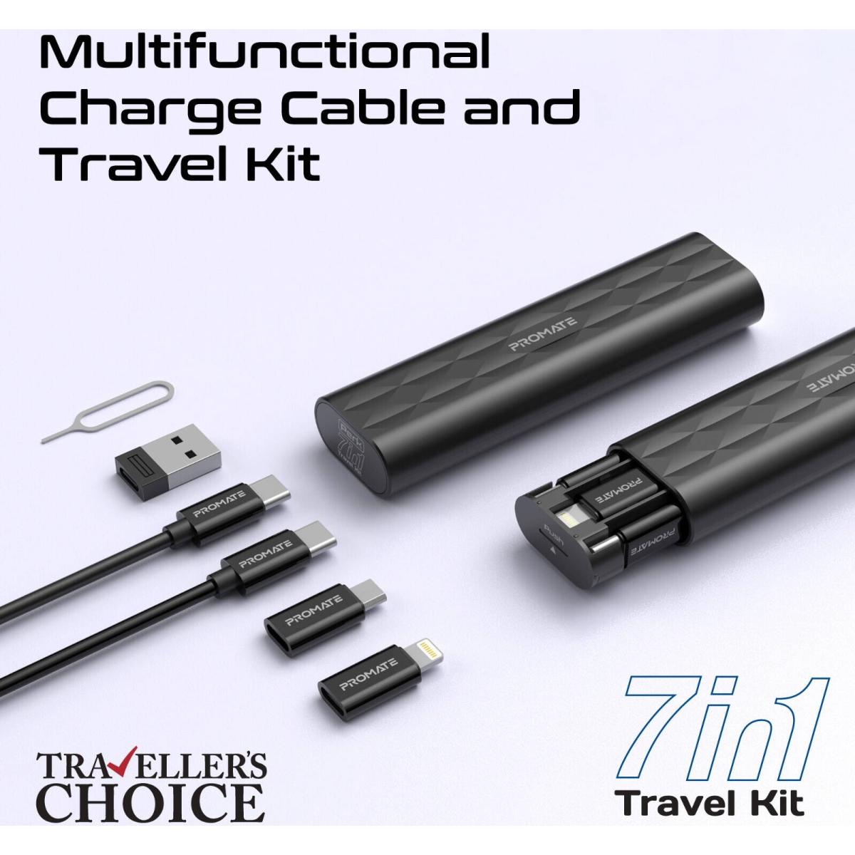 Promate Perk Compa All In 1 Charging Cable And Travel Kit, Supports A USB - C Cable, 20v/3a, Versatile Card Slots, 60w Fast Charge, Black