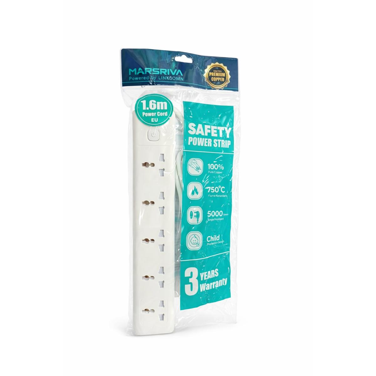 MARSRIVA Safety Power Strip 1.6 meter EU - 5xSockets Power - LC - PS501 - EU