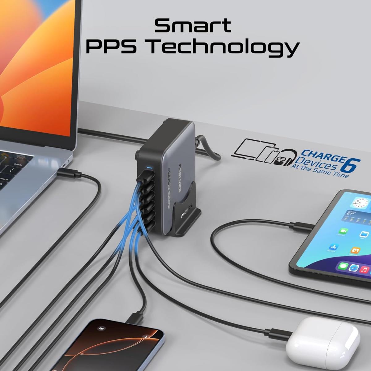 Promate Powerbase GAN285 285w Gan Charging Station, 1.5 meter, USB cable