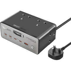 Promate PowerBrix-160 GaNFast 160W Charging Hub, Quad 3250W AC Sockets, 140W PD3.1 Usb-c, 100W USB-C, Dual 30W USB-C PD, 30W USB-A, Retractable Cable, 3m Power Cord - Gray
