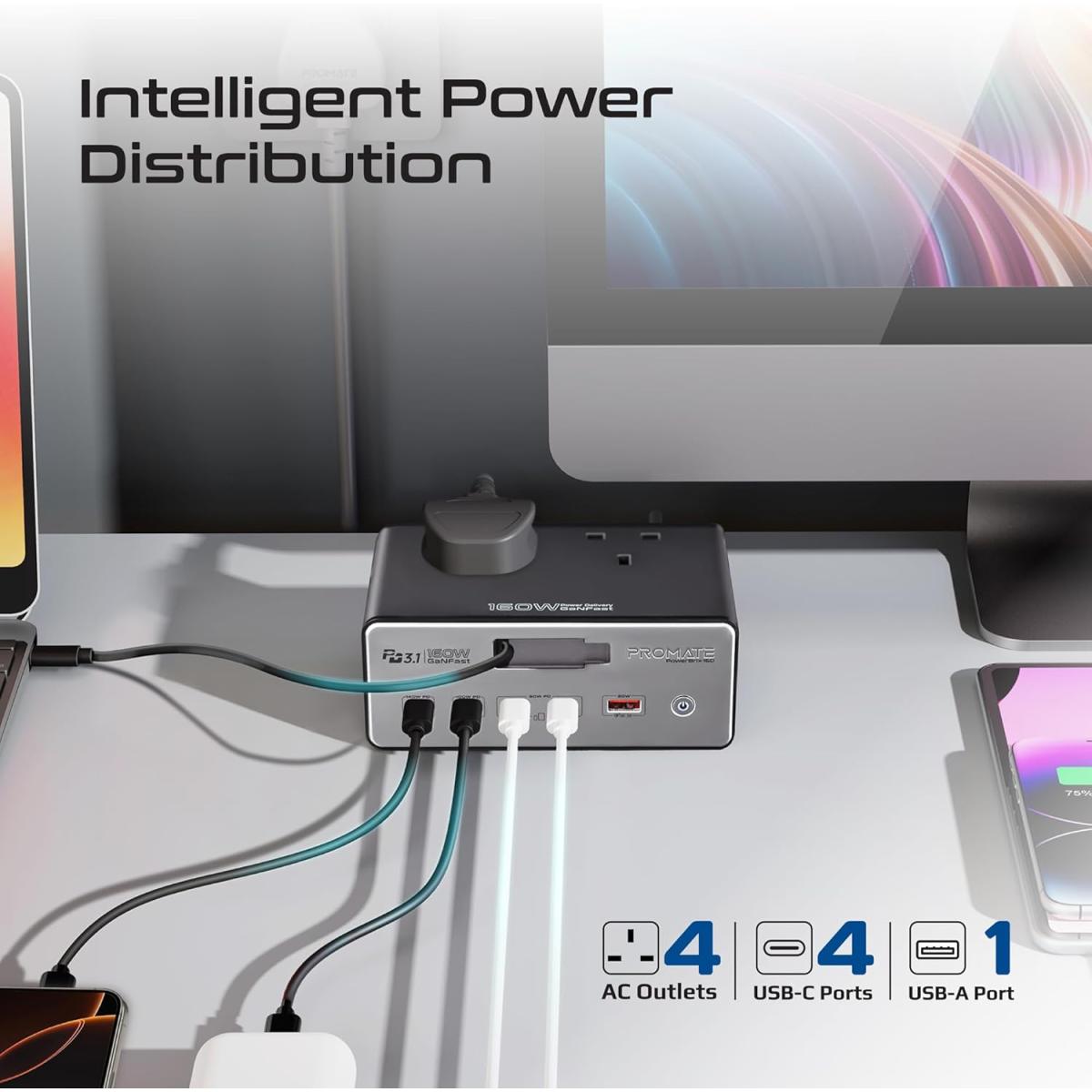 Promate Powerbrix 160 Ganfast 160w Charging Hub, USB cable