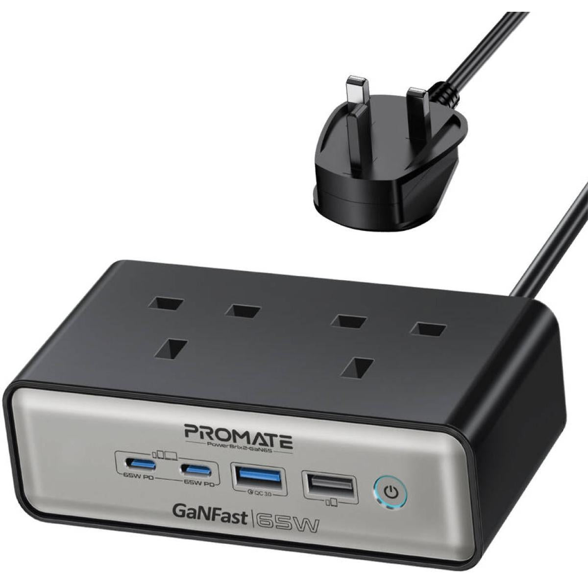 Promate PowerBrix2-GaN65 65W Power Delivery GaNFast Charging Station with 3250W Dual AC Socket, GaN Technology, Dual USB Port, Multi Protection System, Black | PowerBrix2-GaN65 - Black