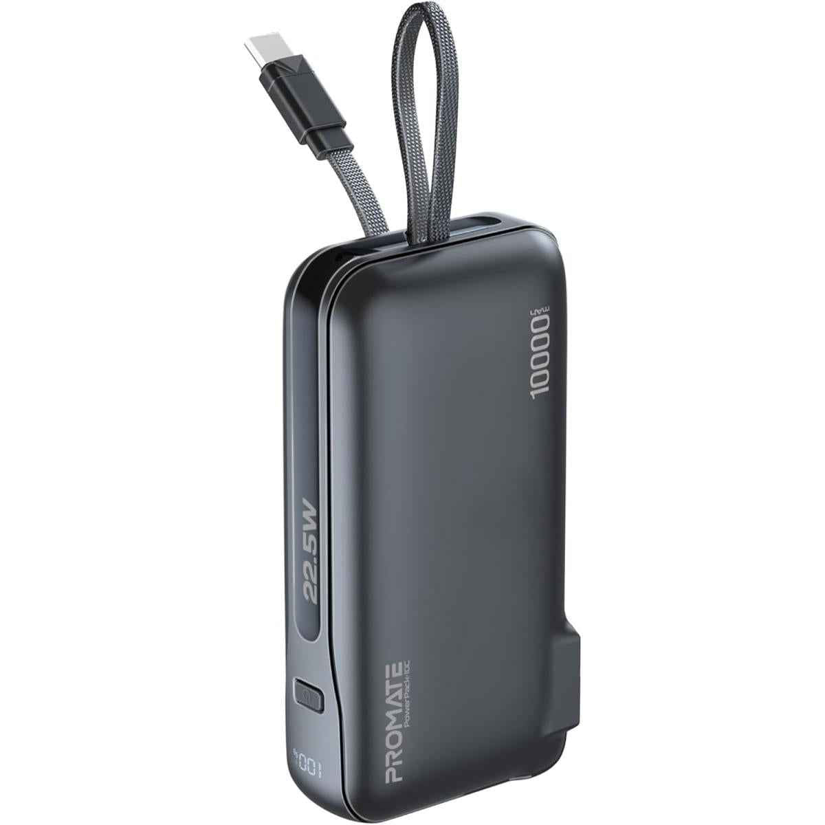 Promate Dual Mode Ac/dc Charger And 10000mah Power Bank With 20w Usb C Port, Built In Usb C Cable, 22.5w Usb A Quick Charge, Digital Display, And Multi Proteion System For Safe Black