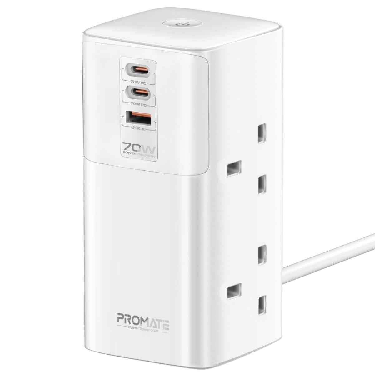 Promate Power Tower 70w Multi Port Charging Station Dual Pd70w Usb C Ports, A 30w Qc 3.0 Port And Four Universal 2500w Charging Station With Quad Ac Sockets