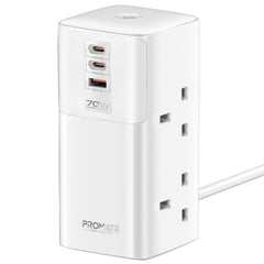 Promate Power Tower 70w Multi Port Charging Station Dual Pd70w Usb C Ports, A 30w Qc 3.0 Port And Four Universal 2500w Charging Station With Quad Ac Sockets - CompuMe