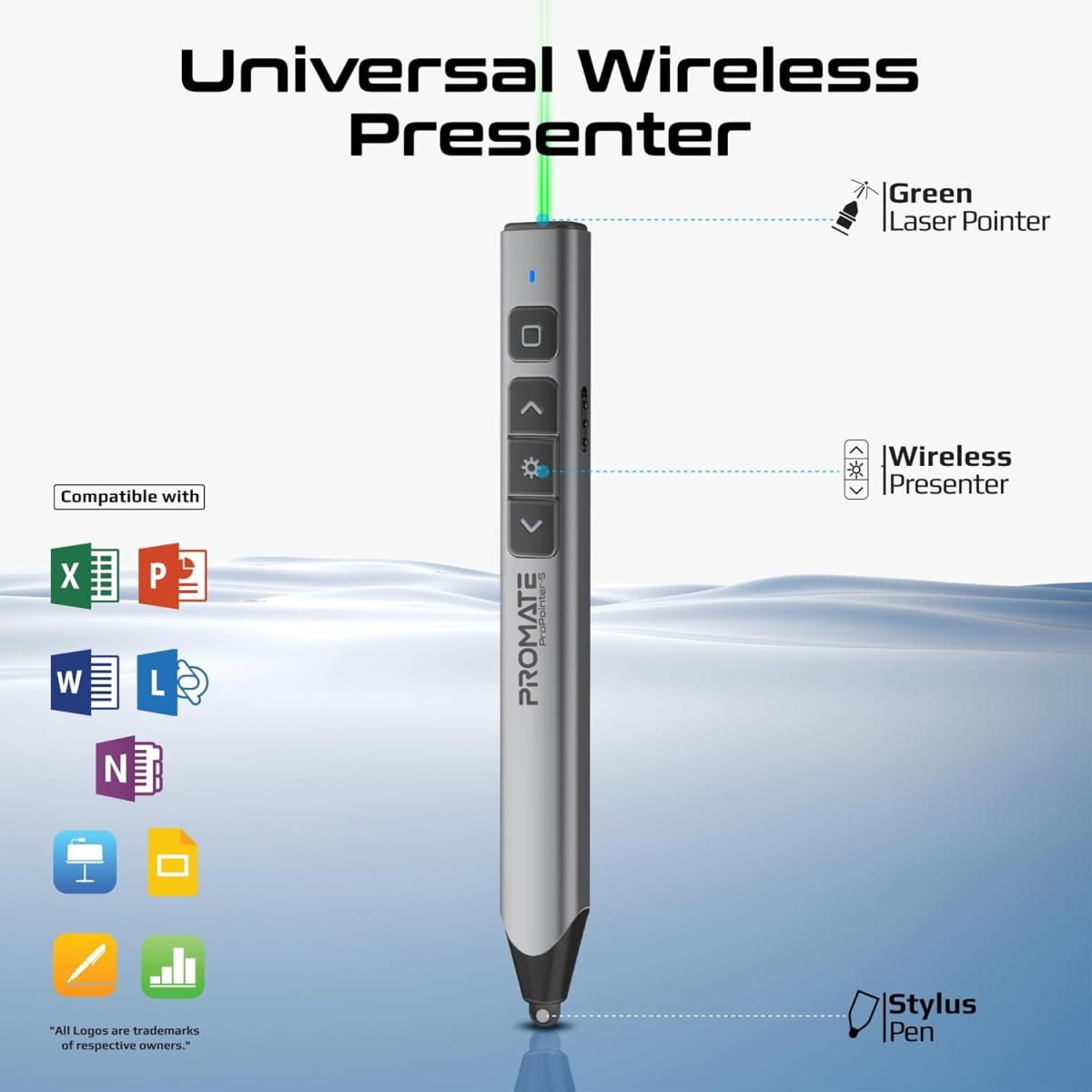 Promate Wireless 2-in-1 Presenter with Multifunctional Stylus, 2.4GHz RF Connectivity, Brilliant Green 200m Laser Pointer, 50m Range, One-Touch Presentation Control - Black Promate Wireless 2-in-1 Presenter with Multifunctional Stylus, 2.4GHz RF Connectivity, Brilliant Green 200m Laser Pointer, 50m Range, One-Touch Presentation Control - Black