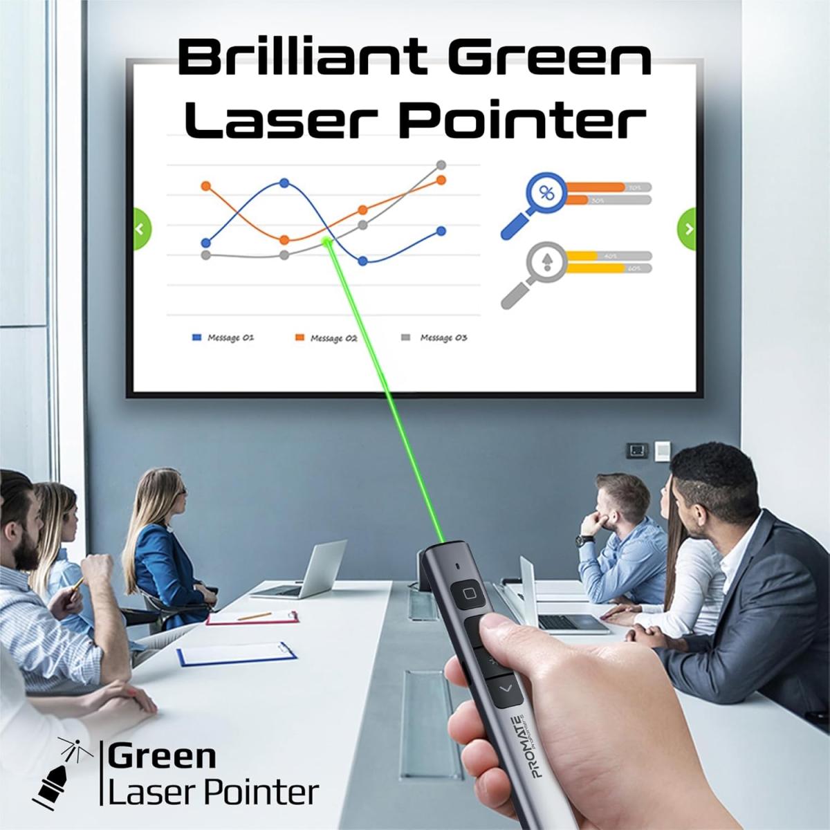 Promate Wireless 2-in-1 Presenter with Multifunctional Stylus, 2.4GHz RF Connectivity, Brilliant Green 200m Laser Pointer, 50m Range, One-Touch Presentation Control - Black Promate Wireless 2-in-1 Presenter with Multifunctional Stylus, 2.4GHz RF Connectivity, Brilliant Green 200m Laser Pointer, 50m Range, One-Touch Presentation Control - Black
