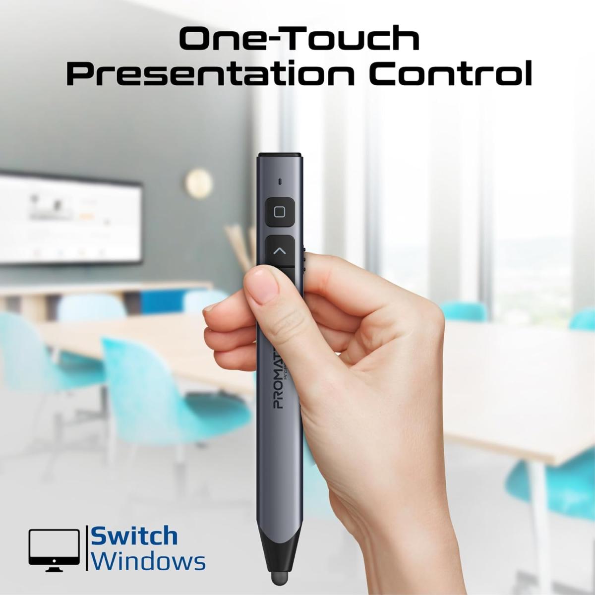Promate Wireless 2-in-1 Presenter with Multifunctional Stylus, 2.4GHz RF Connectivity, Brilliant Green 200m Laser Pointer, 50m Range, One-Touch Presentation Control - Black Promate Wireless 2-in-1 Presenter with Multifunctional Stylus, 2.4GHz RF Connectivity, Brilliant Green 200m Laser Pointer, 50m Range, One-Touch Presentation Control - Black