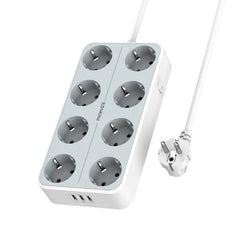 Promate PowerCord8EU- 8 Outlet Power Strip with 3 USB Ports, 3600W