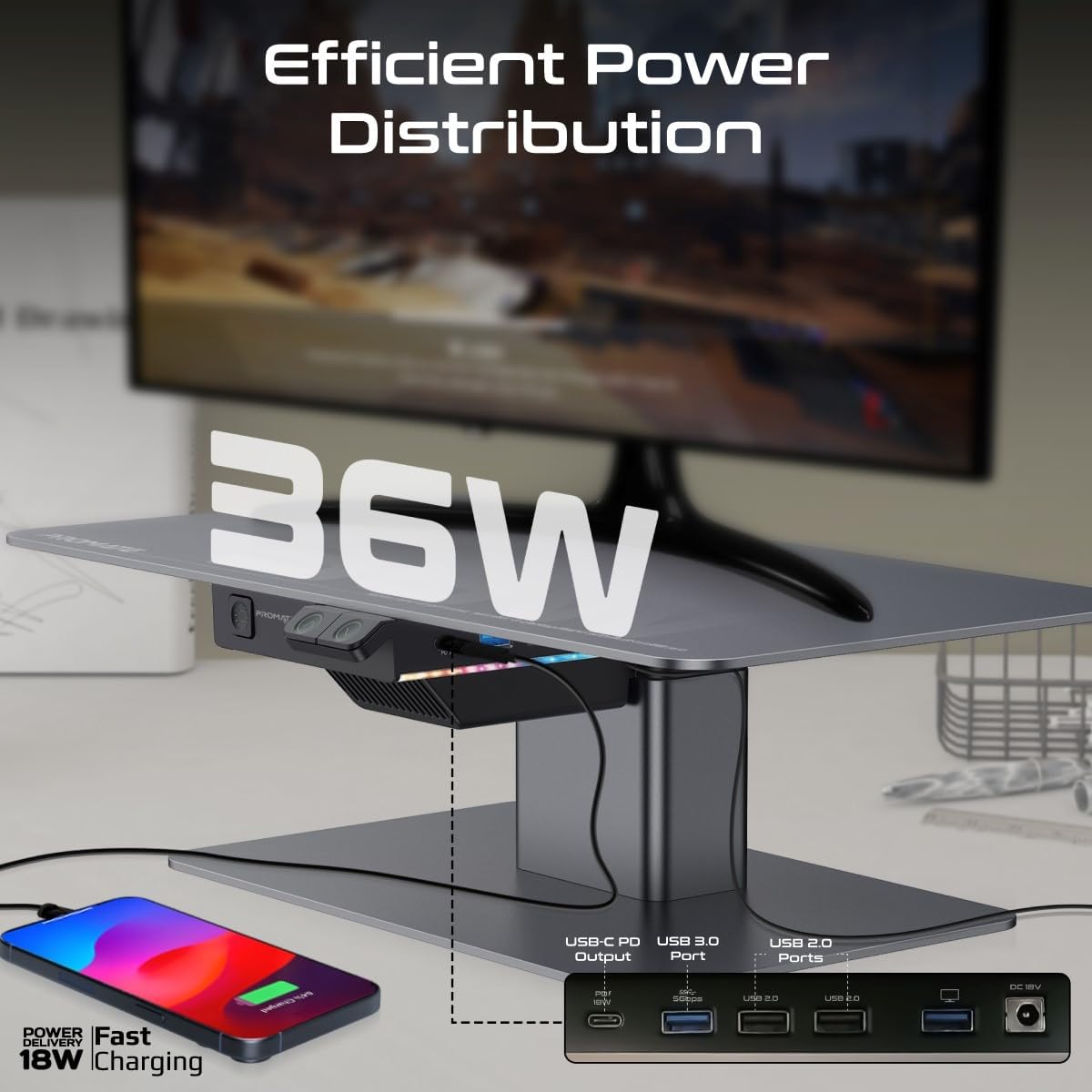 Promate Raizer 8 In 1 Eleric Monitor And Laptop Riser Stand, 5gbps, RGB