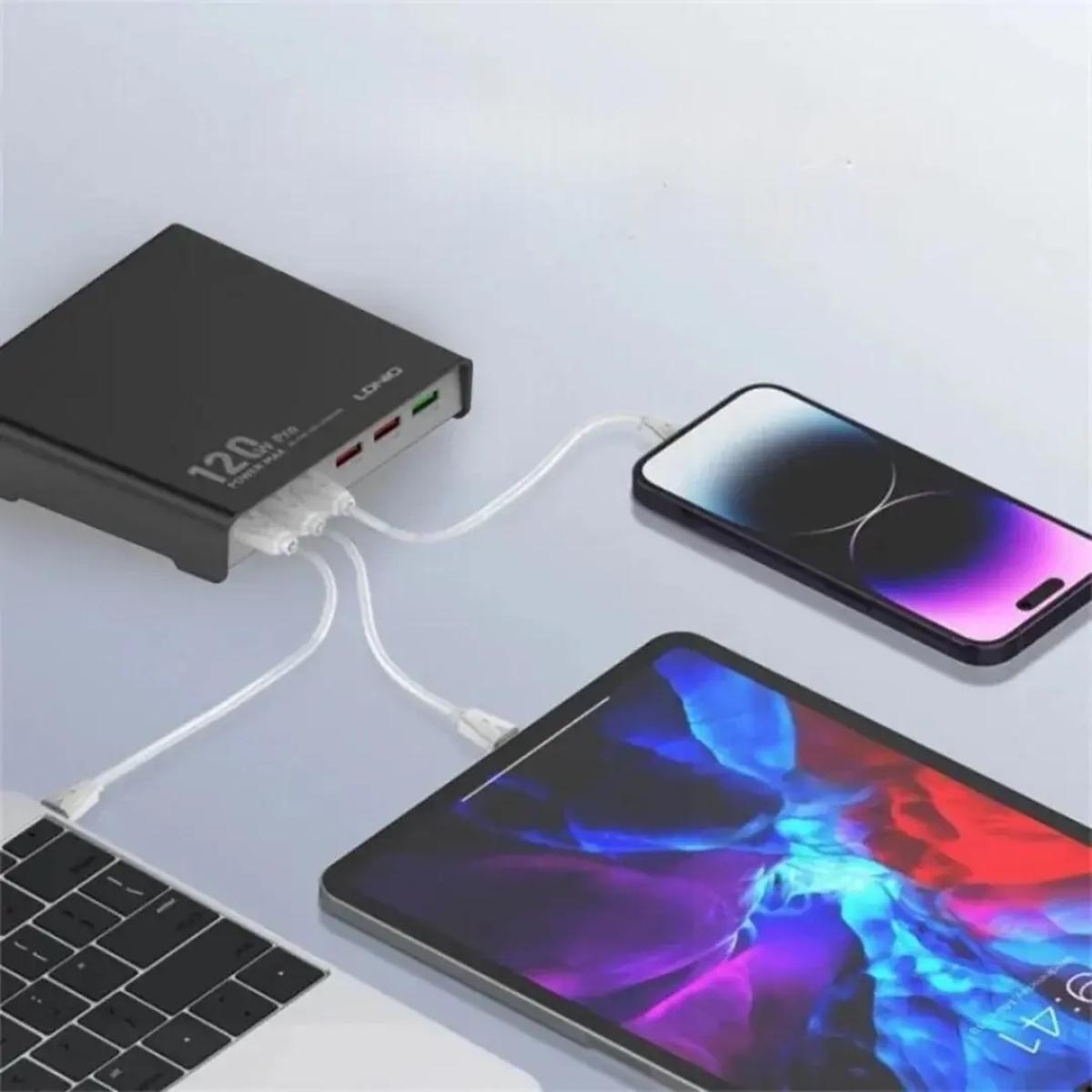 Ldnio Q605 120w 6 Ports USB - C Pd Tablet Laptop Fast Charger Multi Port High Power Desktop Charger Us EU Uk Plug Charger Adapter Black
