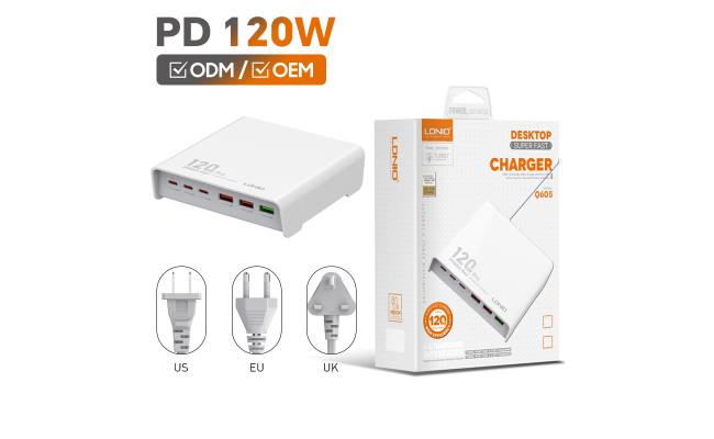Ldnio Q605 120w 6 Ports USB - C Pd Tablet Laptop Fast Charger Multi Port High Power Desktop Charger Us EU Uk Plug Charger Adapter White
