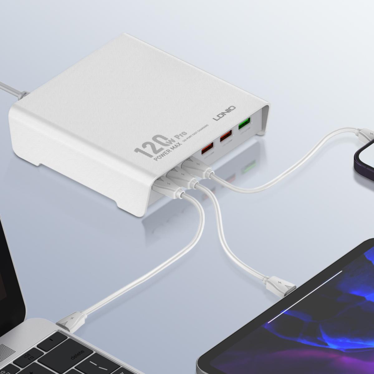 Ldnio Q605 120w 6 Ports USB - C Pd Tablet Laptop Fast Charger Multi Port High Power Desktop Charger Us EU Uk Plug Charger Adapter White