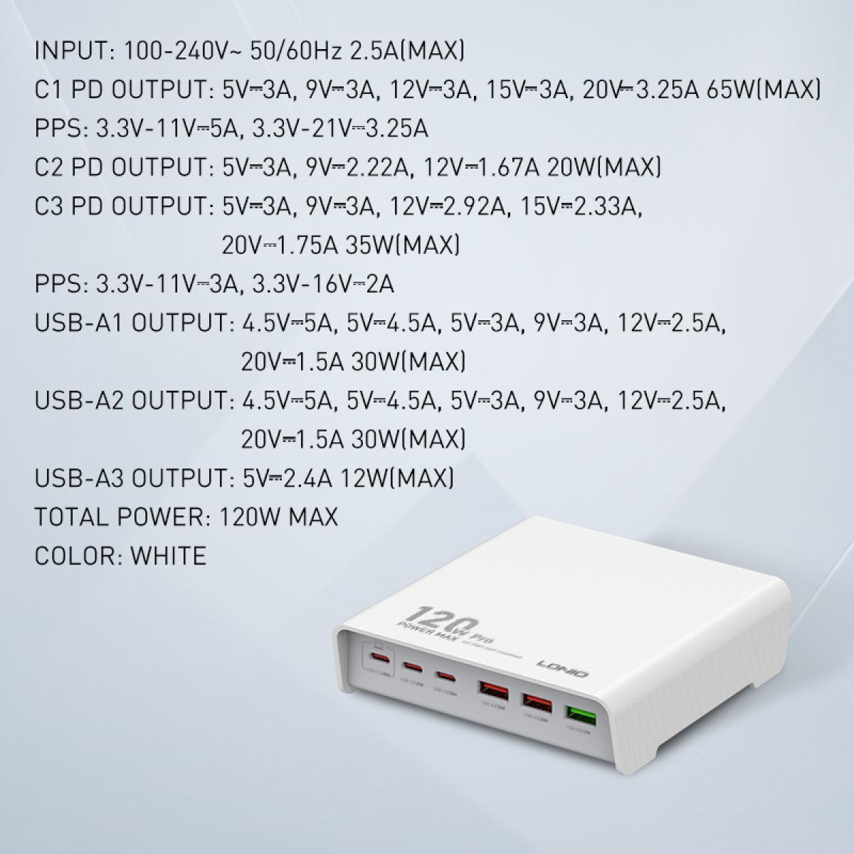 Ldnio Q605 120w 6 Ports USB - C Pd Tablet Laptop Fast Charger Multi Port High Power Desktop Charger Us EU Uk Plug Charger Adapter White